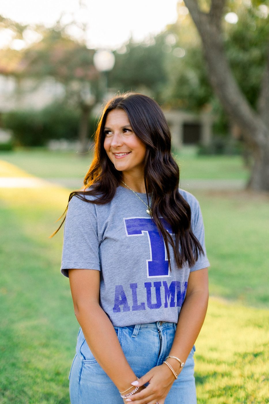 Molly in a Tarleton alumni t-shirt on campus